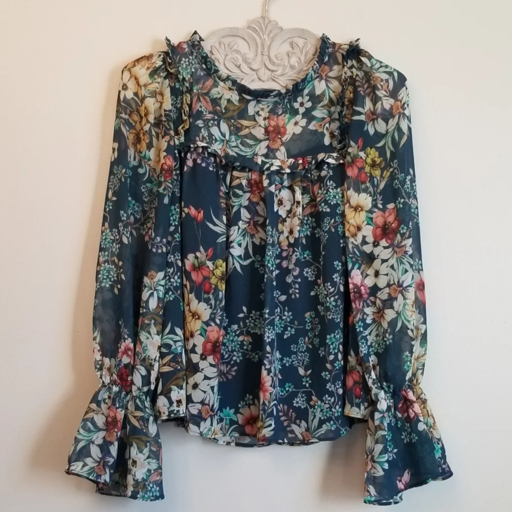 Anthropologie Eri + Ali Blue Boho Floral Velma Blouse Top Size Small Long Sleeve - Picture 4 of 11